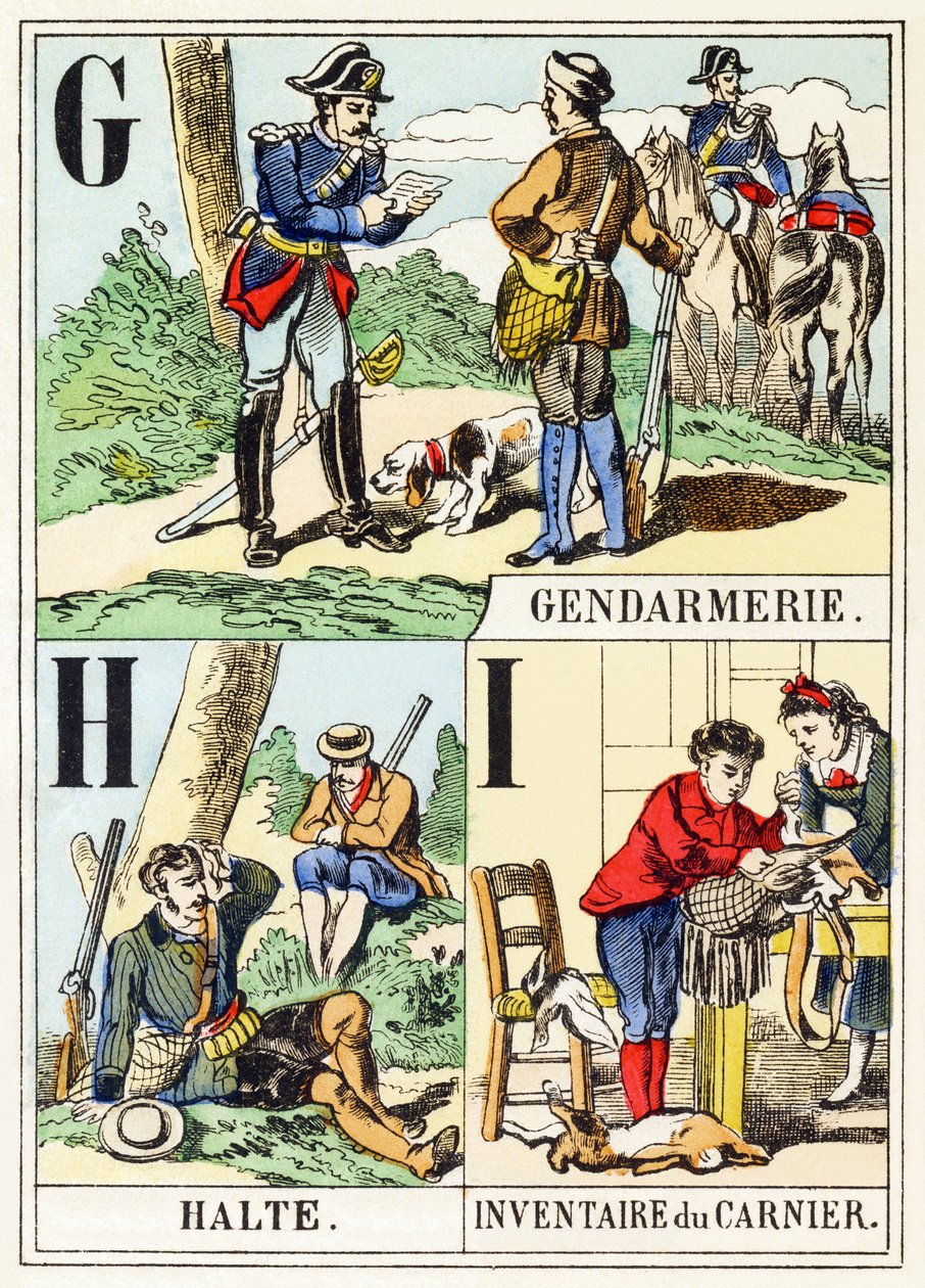 G H I: Gendarmerie, Halte, Inventaire du gamenier - Jagtalfabetet, ca. 1890 (gravering) af Unbekannt
