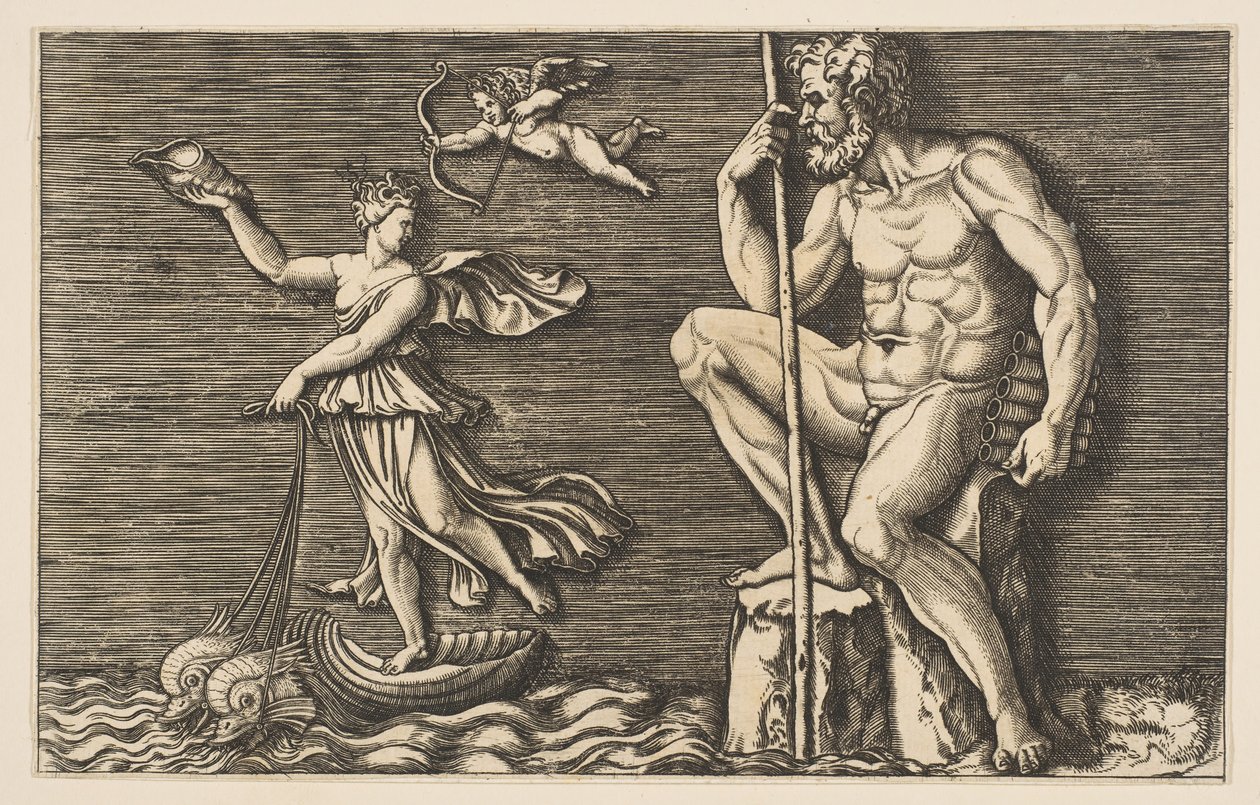 Galatea undslipper Polyphemus, han sidder på en klippe med en stav og rør og..., ca. 1515-1600. af Unbekannt