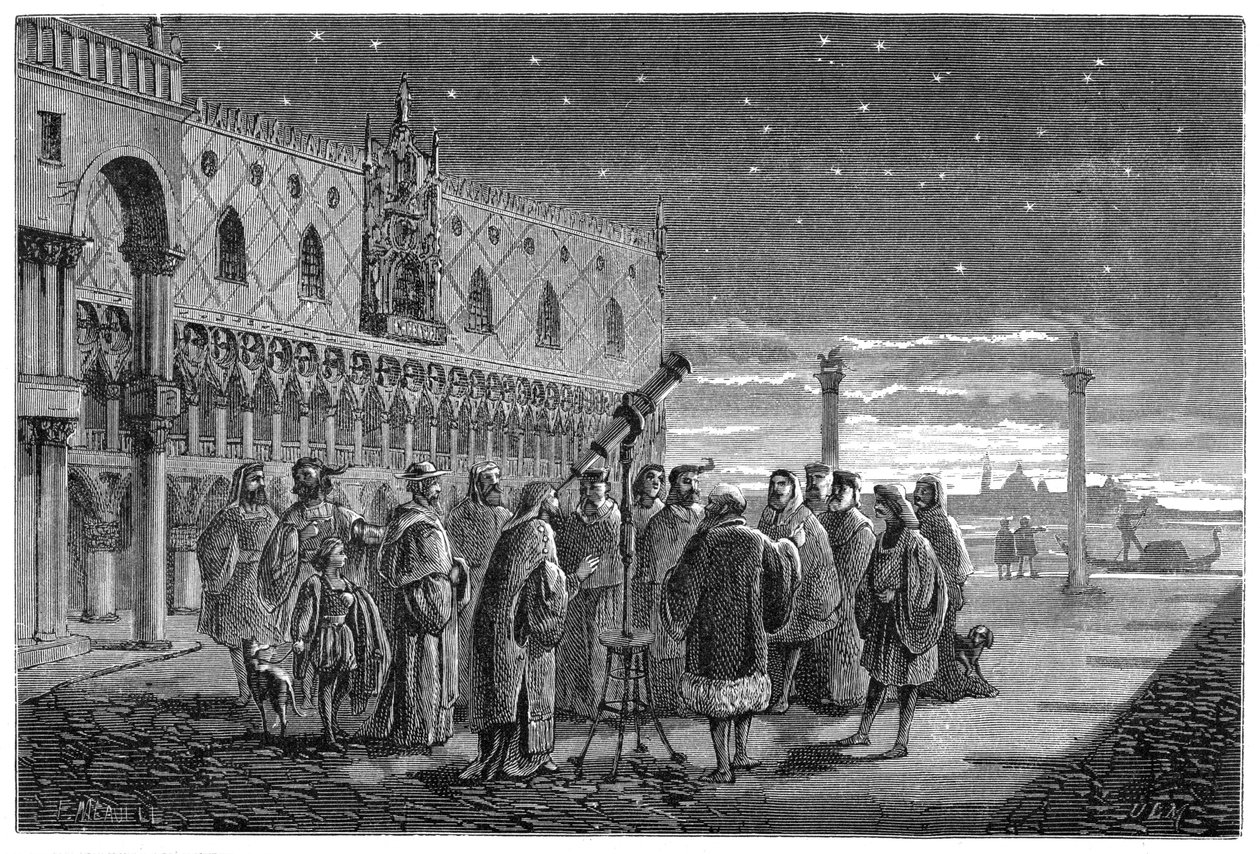 Galileo demonstrerer sit teleskop, Venedig, 1609 1870 af Unbekannt