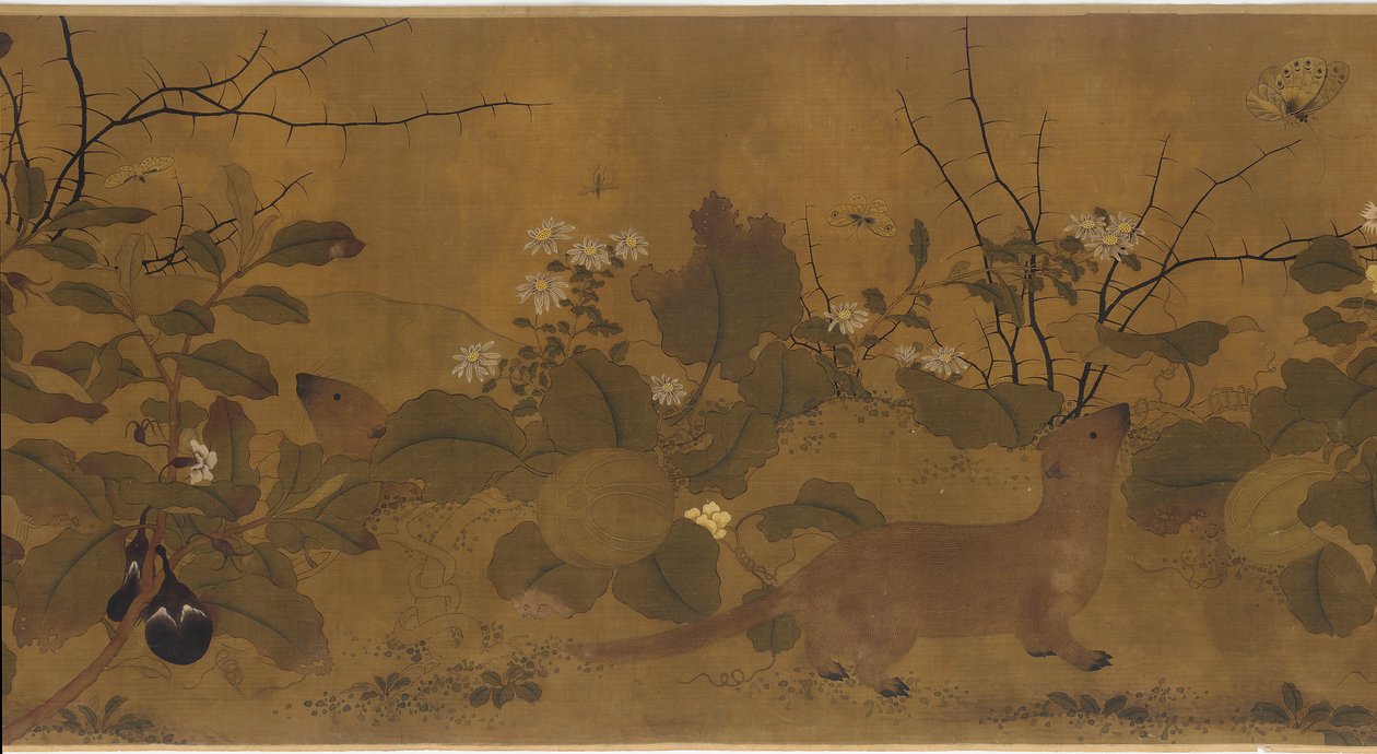 Havescene: meloner, ægplanter, blomster og to væsler, 1368-1644. af Unbekannt