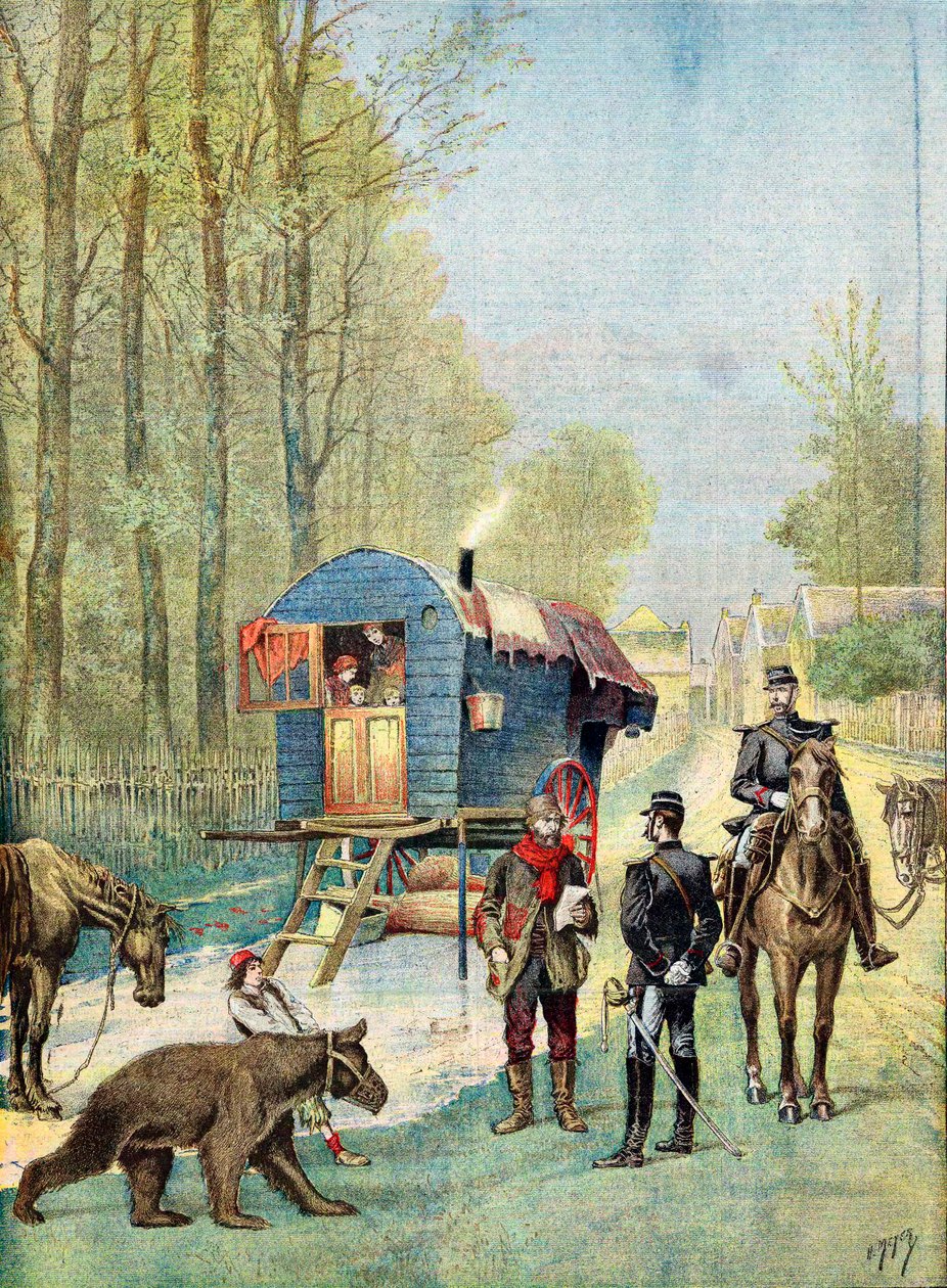Gendarmer, der tager folketællingsskemaer til en lejr af omrejsende sigøjnere i deres campingvogn, 1895 af Unbekannt