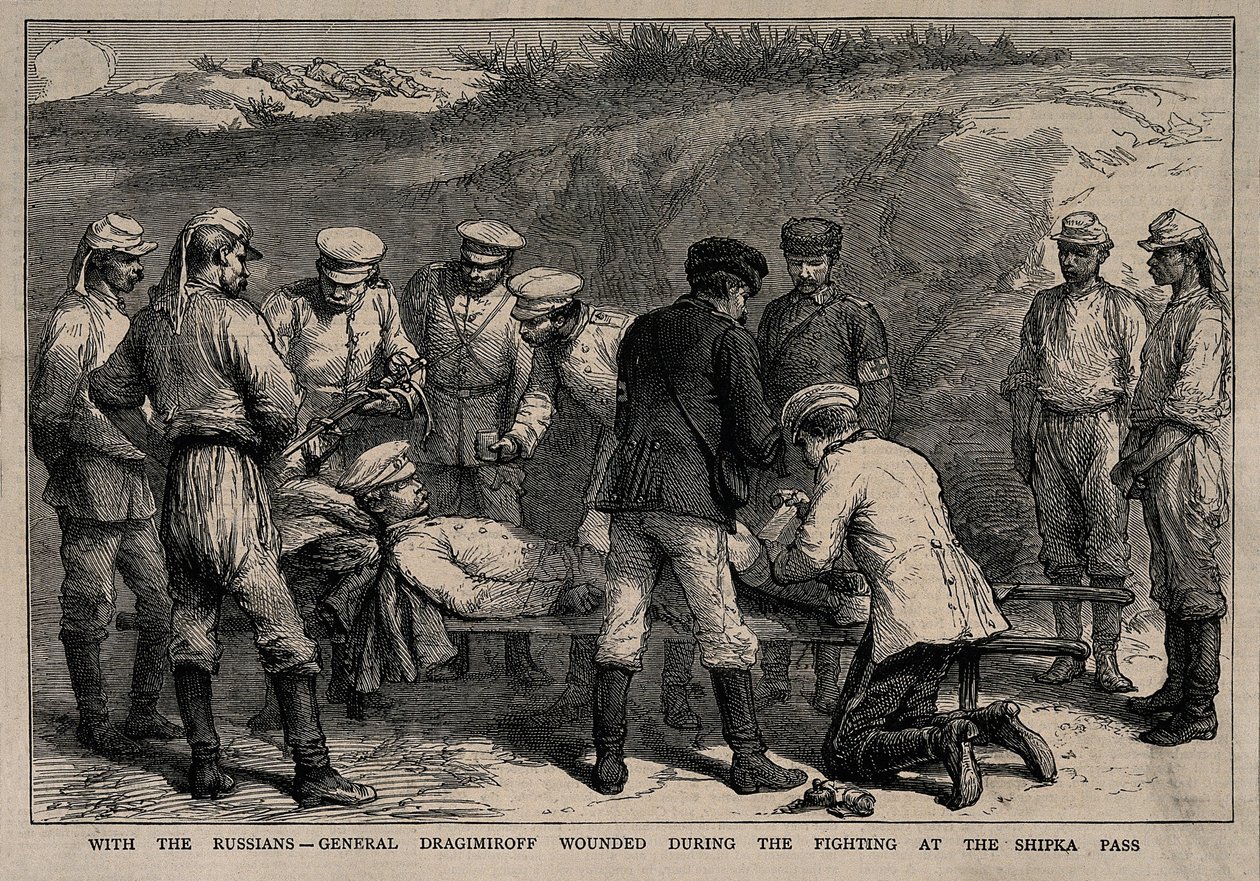 General Mikhail Dragomirov såret under slaget ved Shipka-passet, ca 1878 af Unbekannt