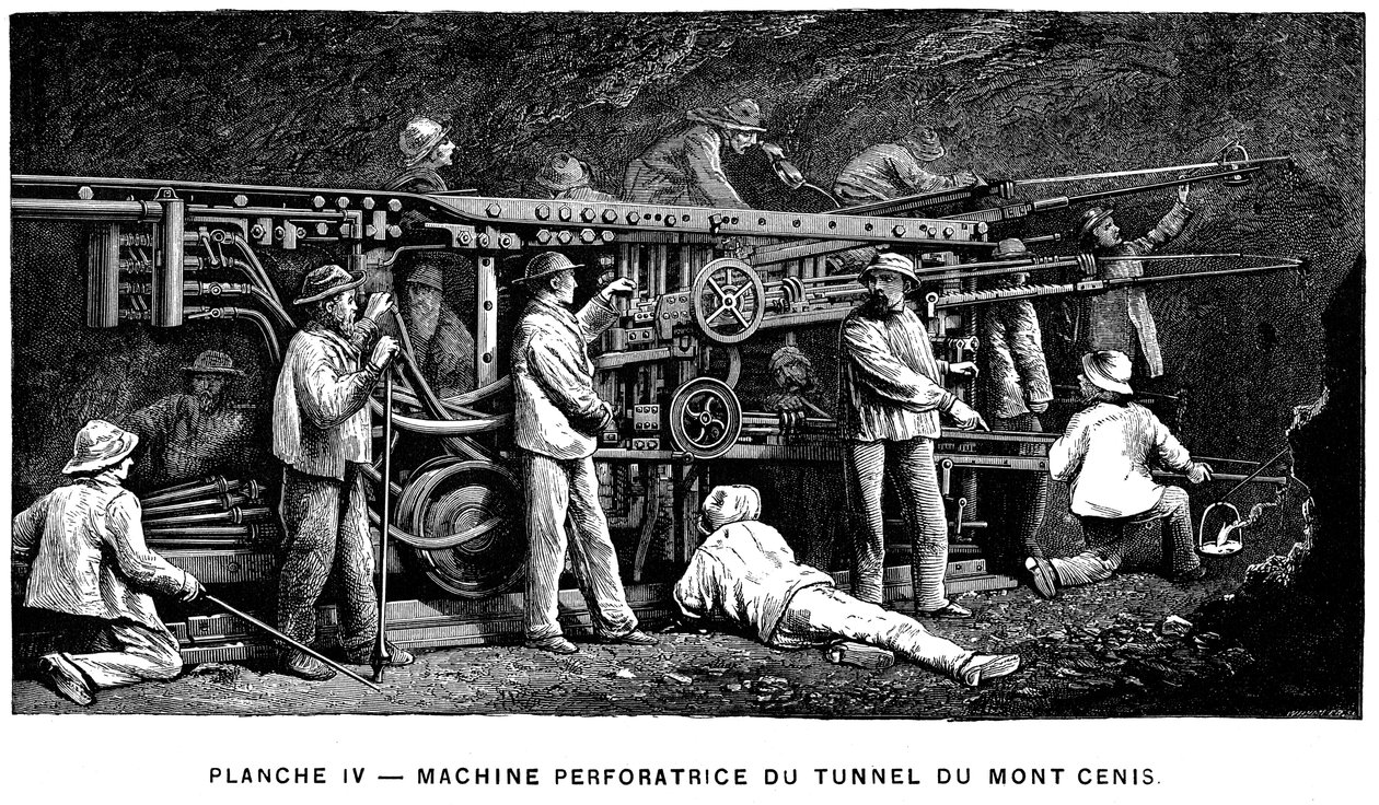 Germain Sommeillers trykluftstenboremaskine brugt til udgravning af Mont Cenis-tunnelen, 1874 af Unbekannt