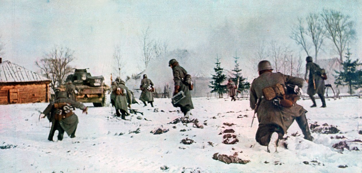 Tyske infanterister følger efter en kampvogn mod Moskva i sneen, Rusland, 1941 af Unbekannt