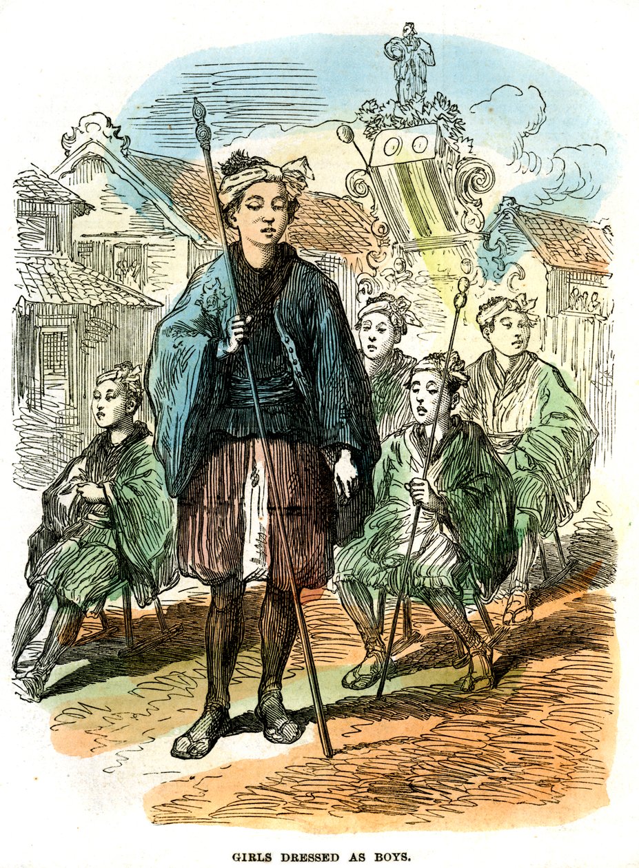 Piger klædt ud som drenge, nytårsfestivaloptog i Yokohama, Japan, 1872 af Unbekannt