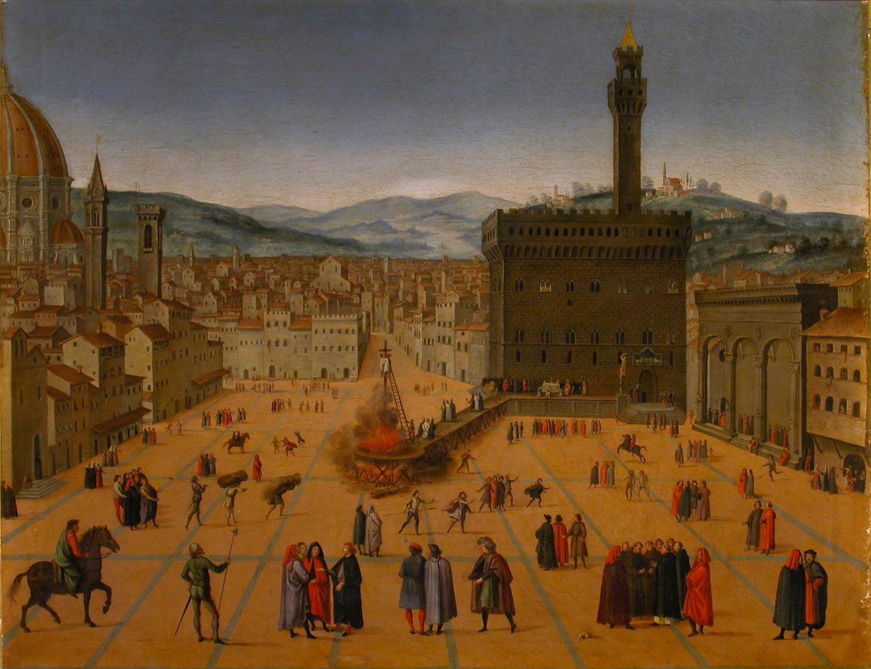 Girolamo Savonarolas henrettelse på Piazza della Signoria i Firenze i 1498, begyndelsen af ​​det 17. af Unbekannt