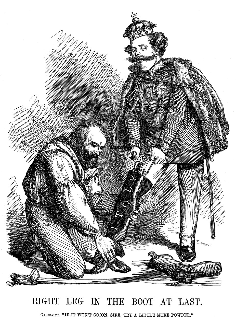 Giuseppe Garibaldi hjalp Victor Emmanuel II med at tage støvlen på Italien, 1860 af Unbekannt