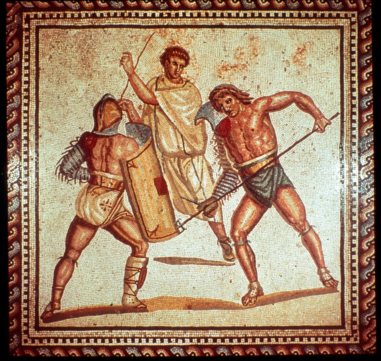 Gladiatorer i arenaen, romersk mosaik, Saarbrücken, Tyskland af Unbekannt
