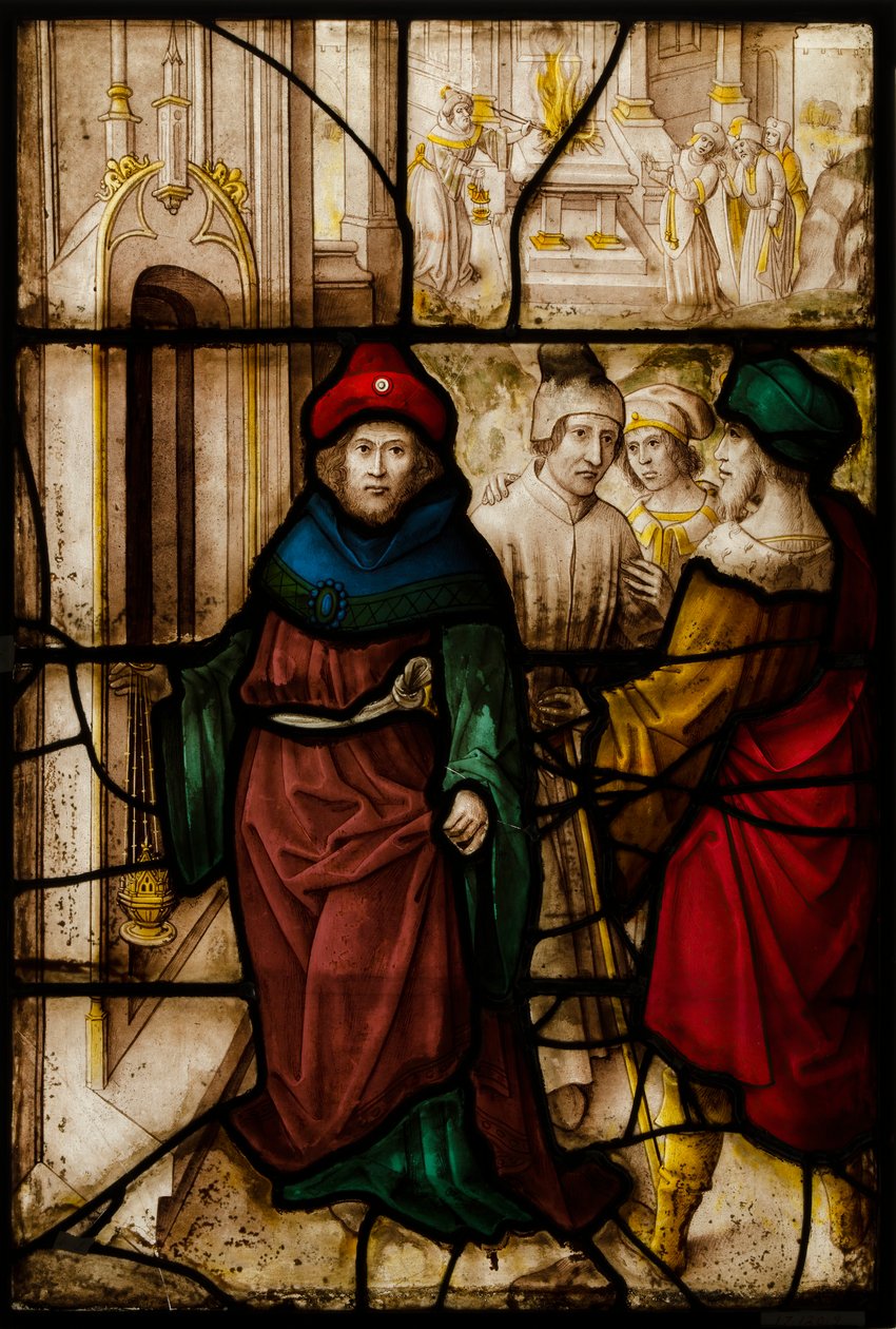 Glaspanel med profanering af Jerusalem og templets hellige ritualer, tysk eller syd-Nederland af Unbekannt