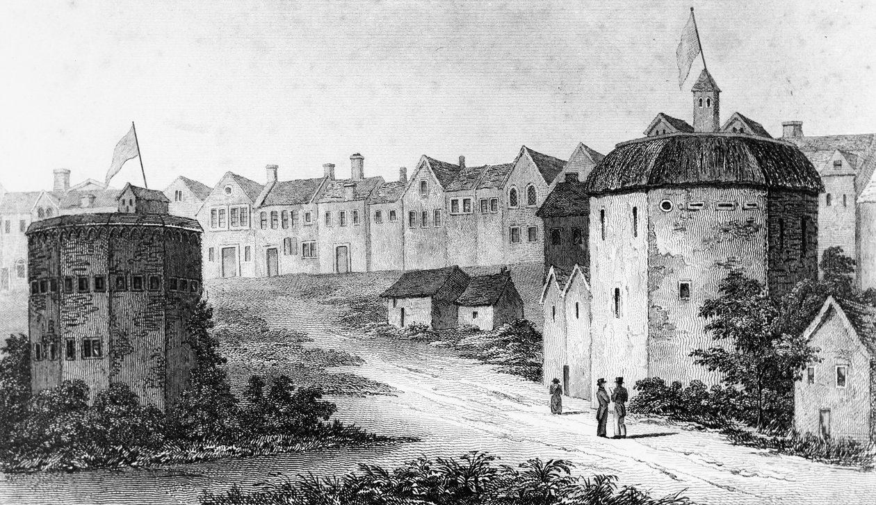 Globe Theatre, Bankside, Southwark højre og Bear Garden, c1597 1825 af Unbekannt