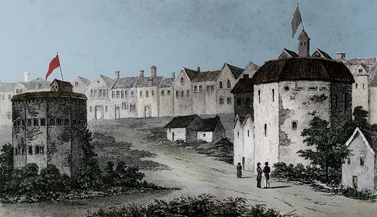 Globe Theatre, Bankside, Southwark højre og Bear Garden, c1597 1825. af Unbekannt