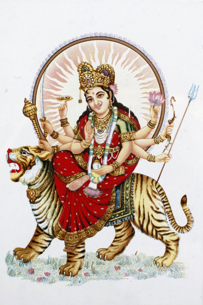 Gudinde Sherawali (Durga) Rider på en tiger Rishikesh Indien af Unbekannt