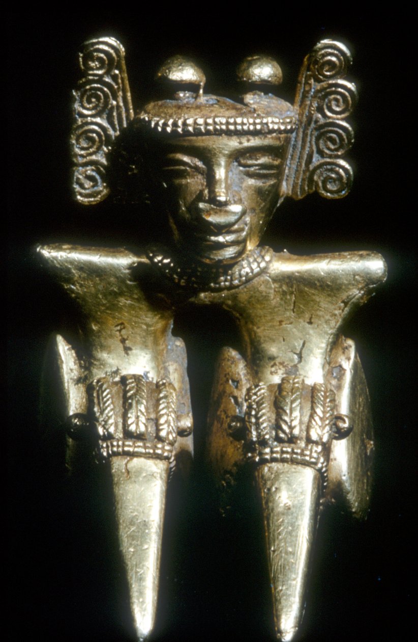 Guld præcolumbiansk siddende figur, Quimbaya, Colombia, før det 14.-15. århundrede af Unbekannt