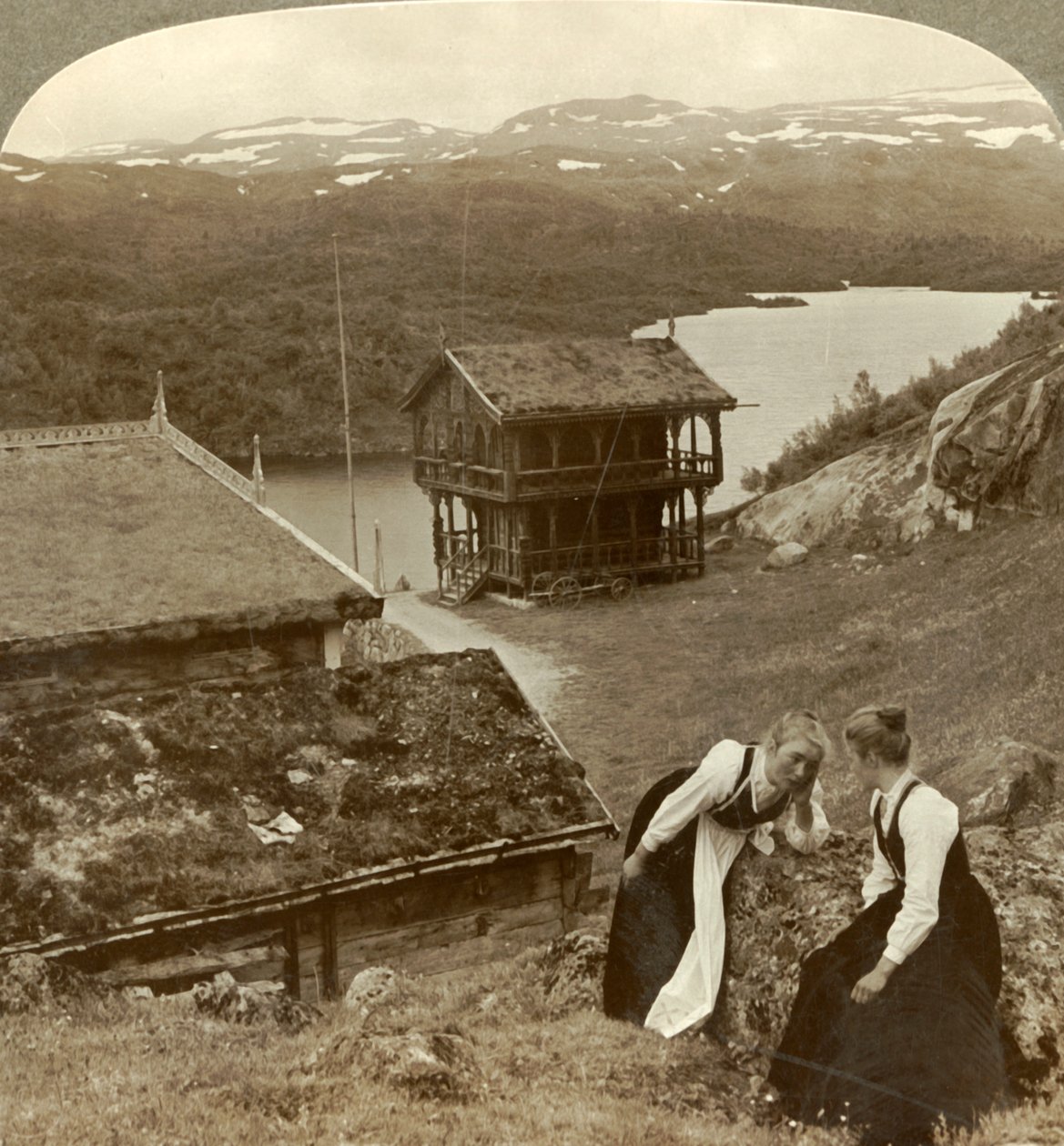Sladder på en kro ved siden af Botten, med udsigt over Voxli-søen - udsigt mod Haukeli Mts., Norge, af Unbekannt