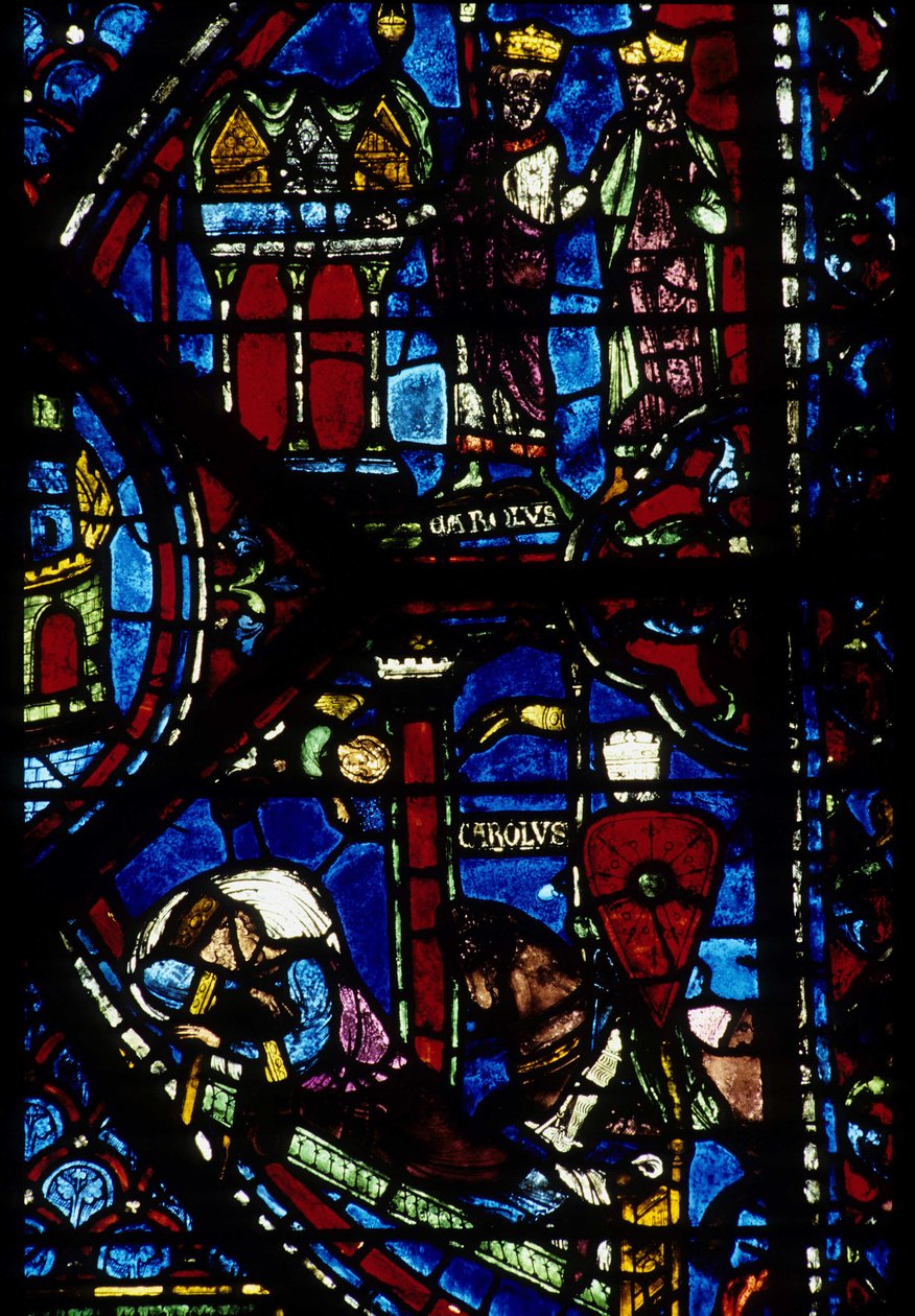 Gotisk arkitektur. Histoire de Charlemagne (detalje): Charlemagne (742-814) modtager 3 jagter (høj) og Vision of Constantine (I, kejser byzantinsk). Glasmosaik af den nordlige ambulatorium, absidial. Cathedrale de Chartres. af Unbekannt