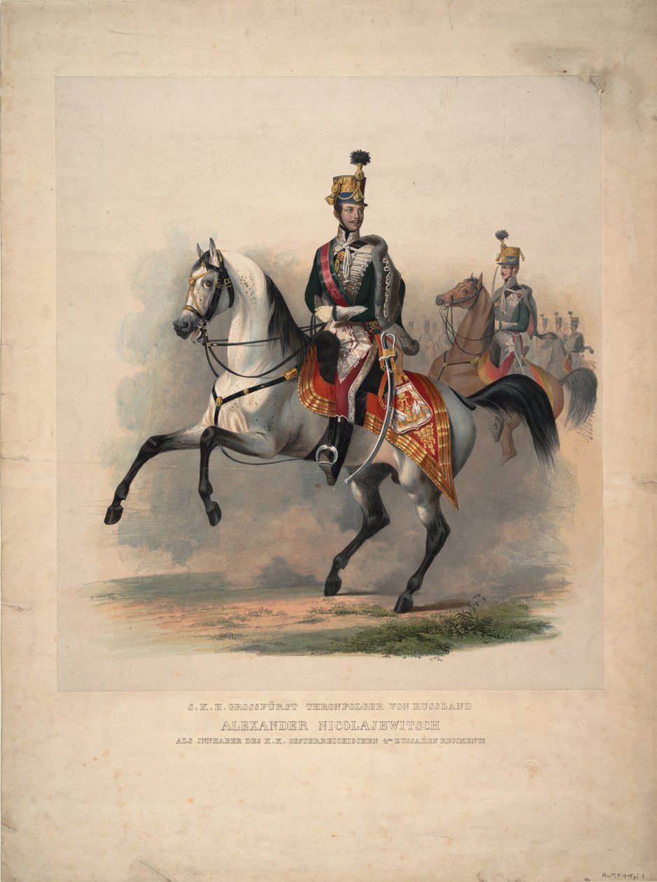 Storprins Alexander Nikolajevitj som øverste oberst for det østrigske 4. husarregiment, 1845 af Unbekannt