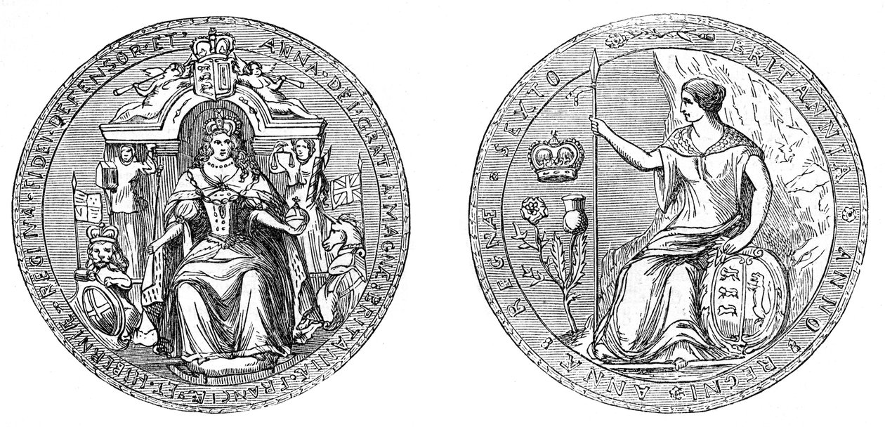 Dronning Anns store segl, efter foreningen af England og Skotland, 1707, 1800-tallet af Unbekannt