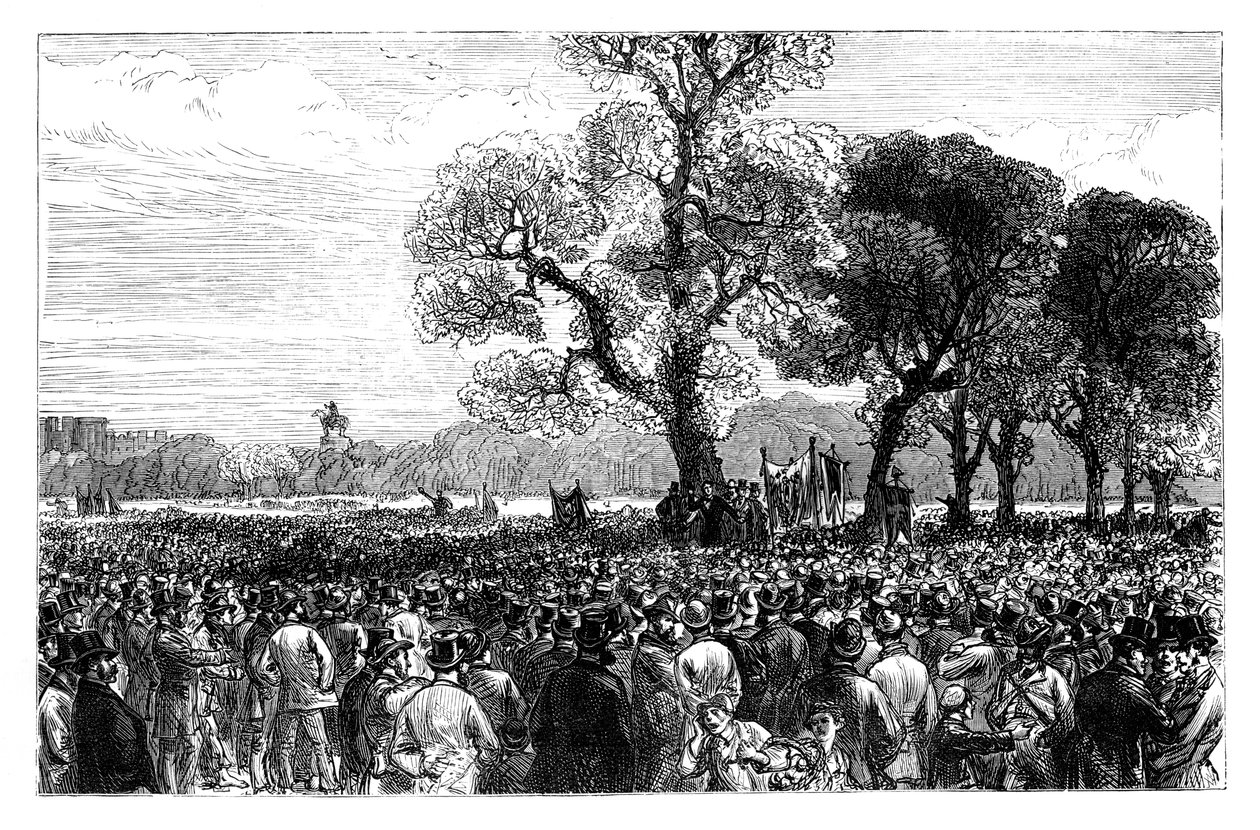 Stor demonstration ved Reformers Tree i Hyde Park, London, midten af det 19. århundrede af Unbekannt