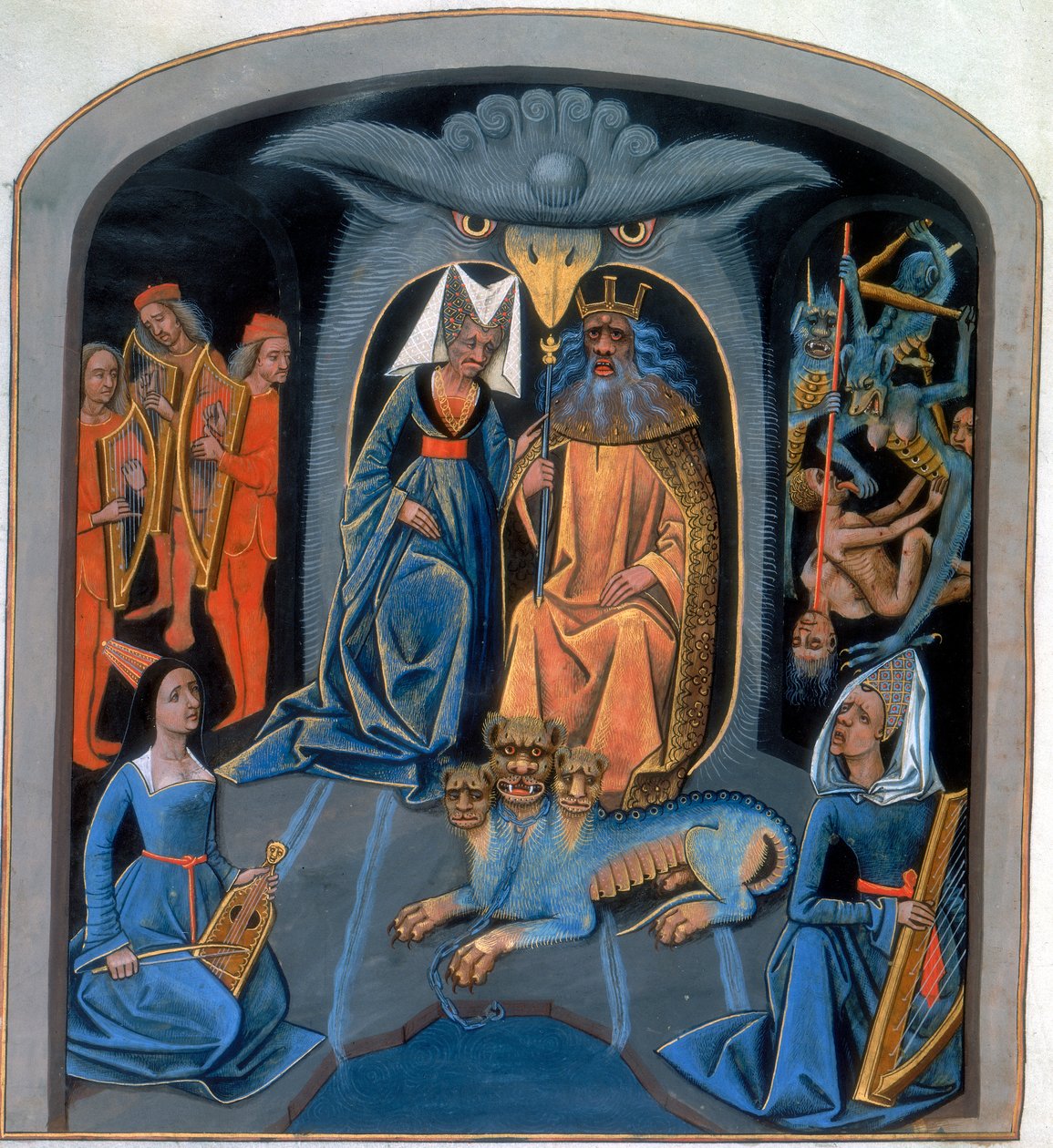 De græske guder Pluto og Persephone sidder sammen med Cerberus, den trehovedede hund, 1400-tallet af Unbekannt