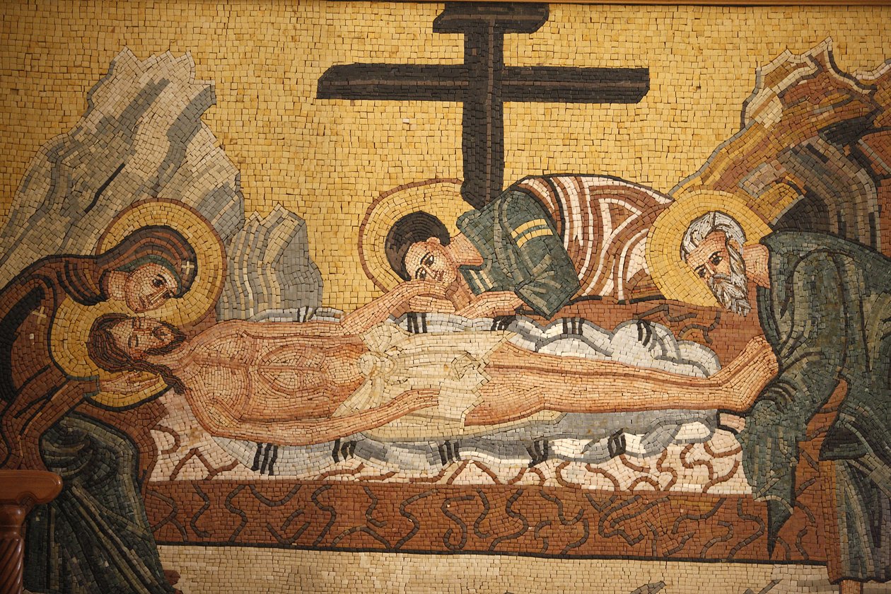 Græsk-ortodoks ikon, der skildrer Chrits gravlæggelse i St. Georges ortodokse kirke, Madaba, Madaba, Jordanie af Unbekannt