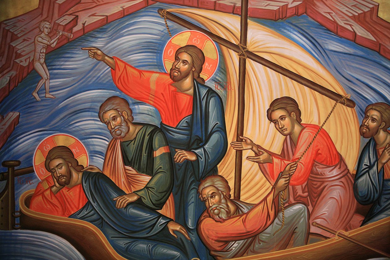 Græsk-ortodoks ikon, der forestiller Jesus (vist to gange) og hans apostle ved Tiberias-søen Thessalonique, Grækenland af Unbekannt