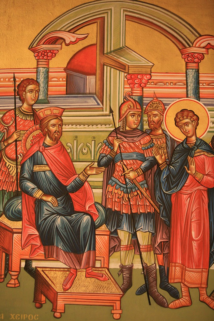 Græsk-ortodoks ikon, der forestiller en martyr med en romersk guvernør Thessalonique, Grækenland af Unbekannt
