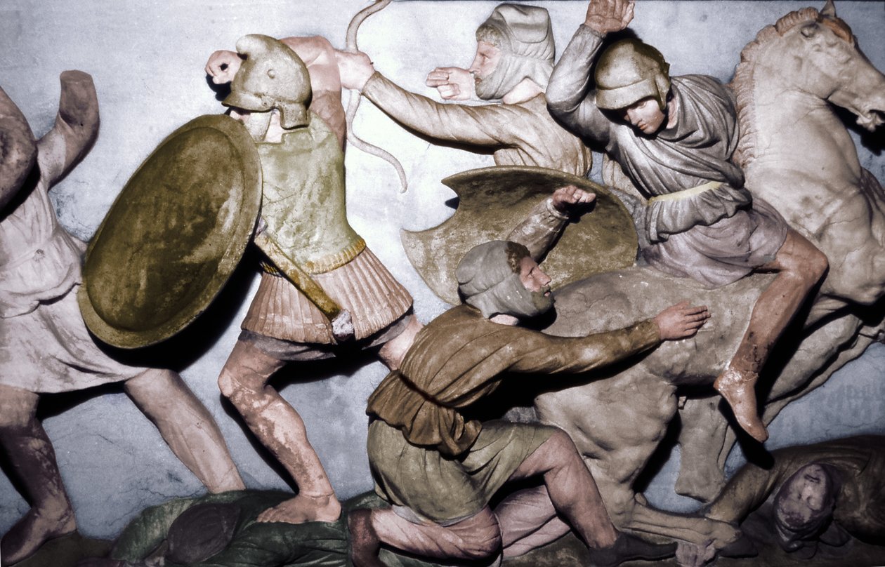 Grækere kæmper mod persere, Alexander Sarcophagus, Sidon, 4. århundrede f.Kr., 20. århundrede af Unbekannt