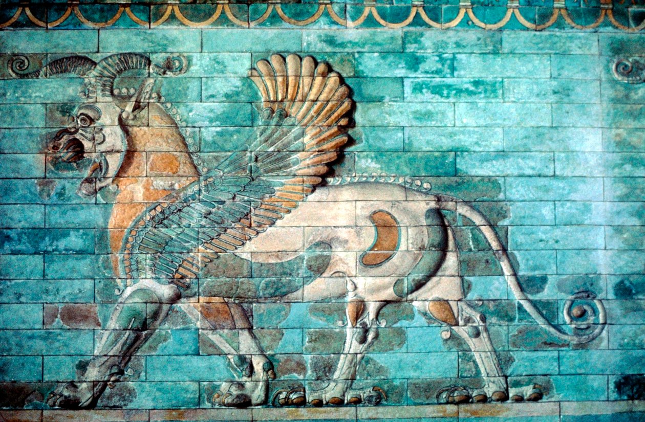 Griffin-løve-relief i glaseret murværk, Achaemenid Period, Old Persien, 530-330 f.Kr. af Unbekannt