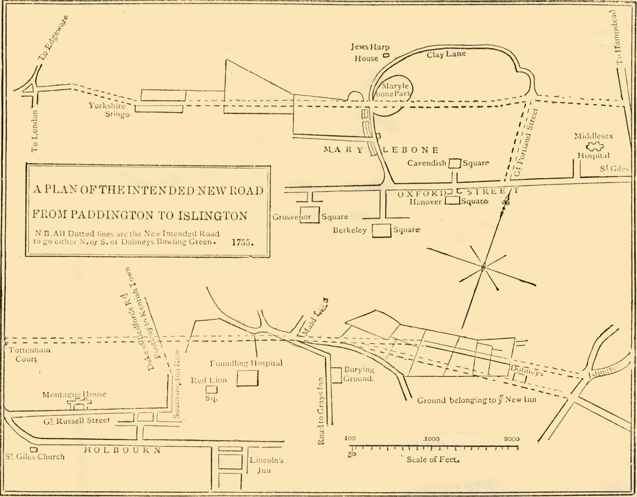 Grundplan for New Road fra Islington til Edgware Road, 1755, c1876. af Unbekannt