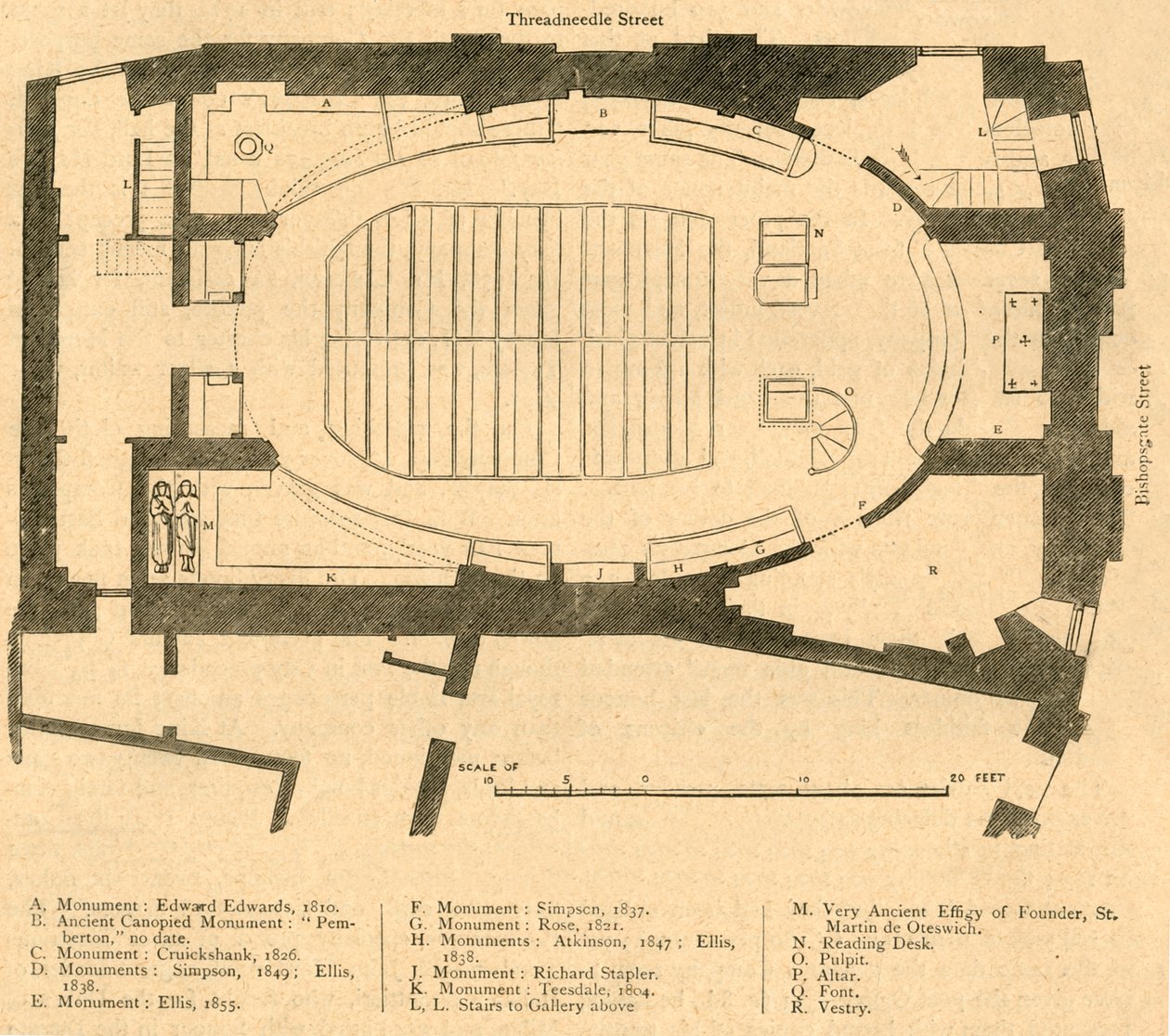 Grundplan for den moderne kirke St. Martin Outwich, revet ned 1874, 1897. af Unbekannt