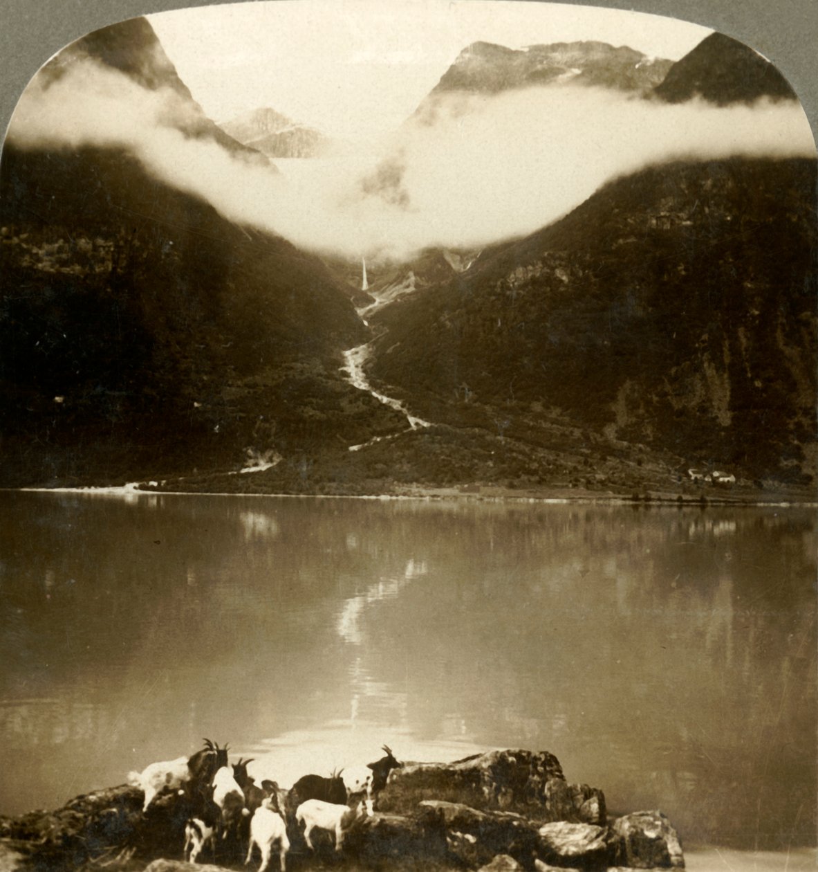 Grytereids-gletsjeren glitrer over drivende skyer på tværs af den rolige Olden-sø, Norge, c1905. af Unbekannt