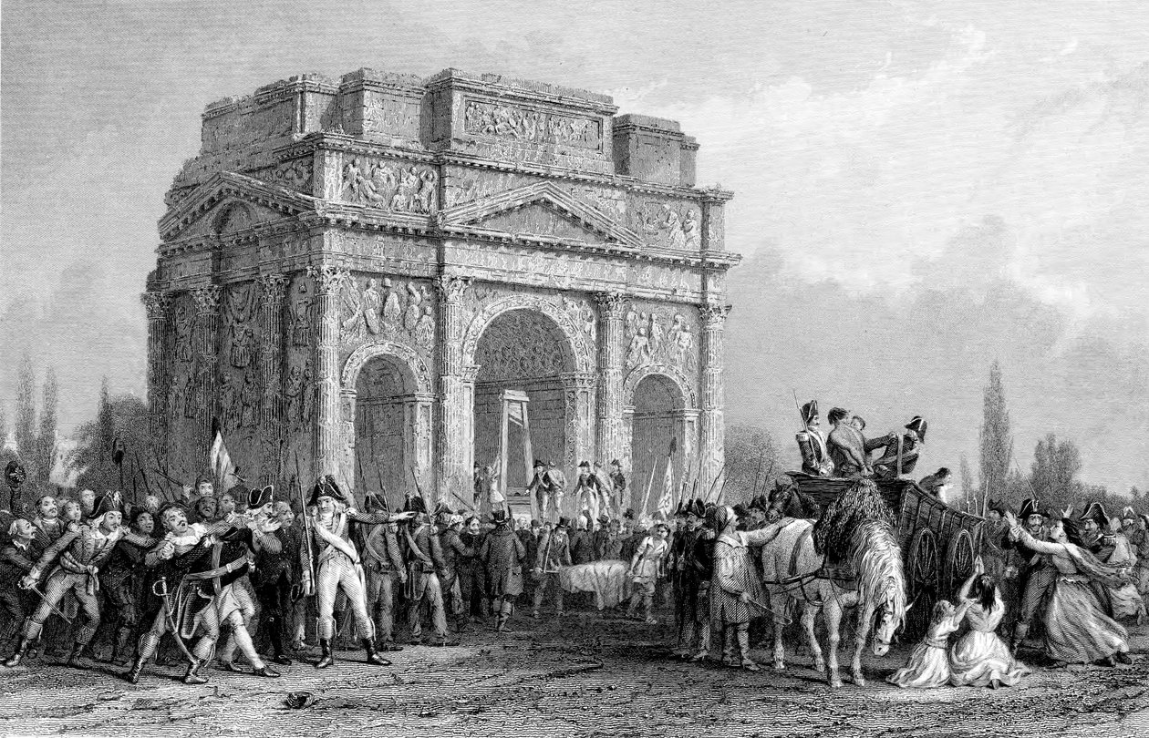 Guillotine sat op under Mariusbuen i Orange, Frankrig, Franske Revolution, 1793-1794 af Unbekannt