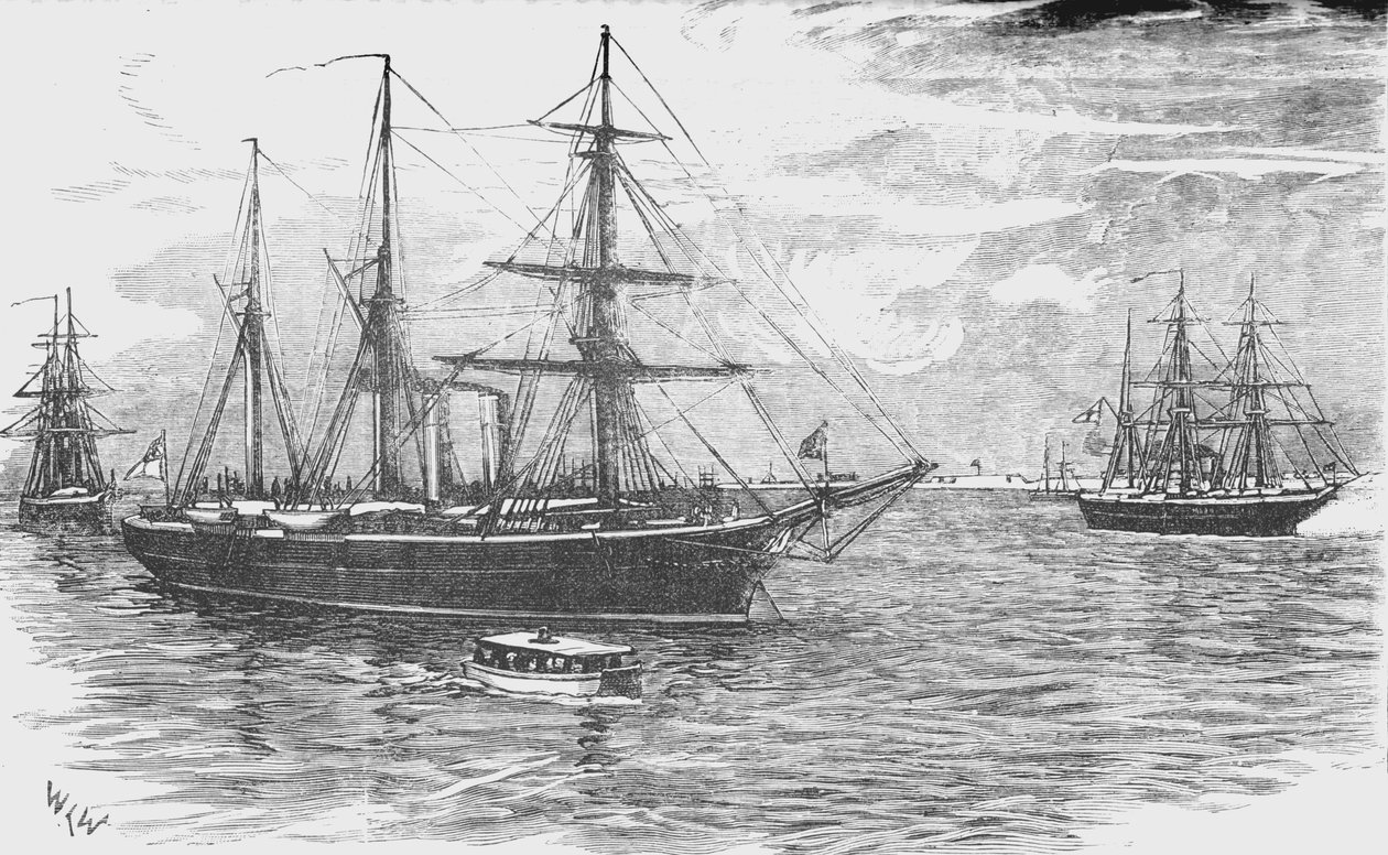 HMS Iris, med kanonbådene Beacon og lokkefugl, blokering af Damietta, c1882 af Unbekannt