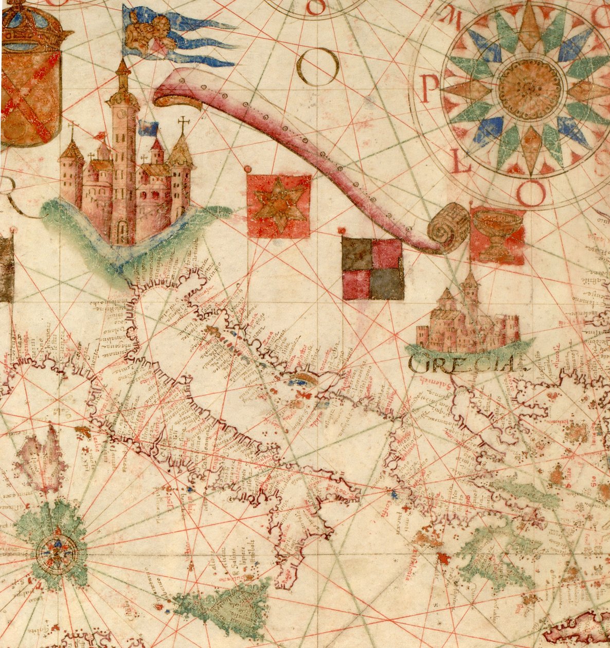 HM 1549   LUÍS TEIXEIRA, PORTOLANSK SKART. Lissabon, ca. 1600 Indskrevet på en rulle "Por Luis Te[ixe]ira em Lix[bo]a." Solgt i 1867 af Henry Stevens (1791-1867) til Henry Huth (1815-78), The Huth Library (1880), pt. 4, 1171. Salg af Alfred Henry Huth (185 af Unbekannt