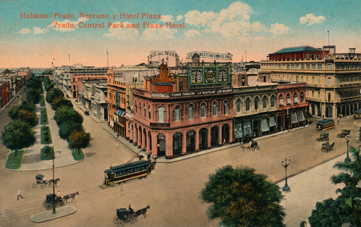 Havana: Prado, Neptuno og Hotel Plaza. Prado, Central Park og Plaza Hotel, c1910 af Unbekannt
