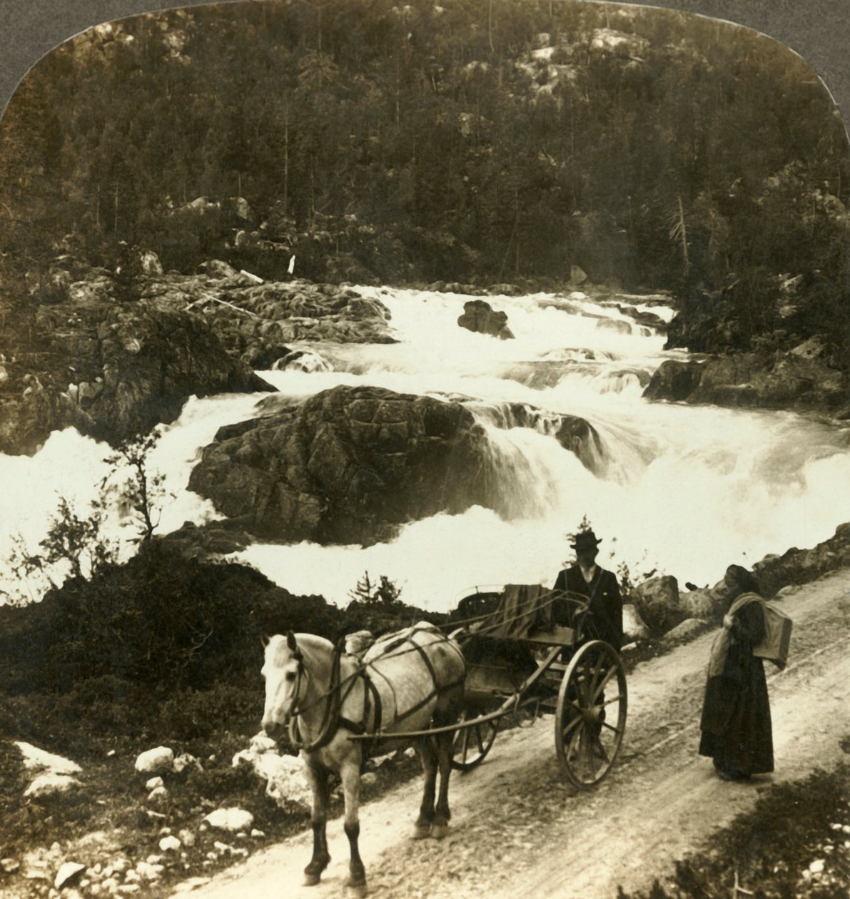Standsning af en stolkjaerre på Telemarken-vejen ved siden af de frådende Little Rjukan Falls, Norge, c1905 af Unbekannt