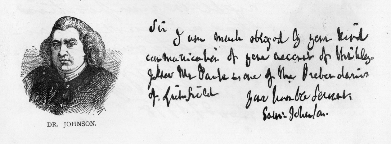 Håndskrift og underskrift af Dr. Johnson fra et brev til Mr. Nichols, 10. januar af Unbekannt