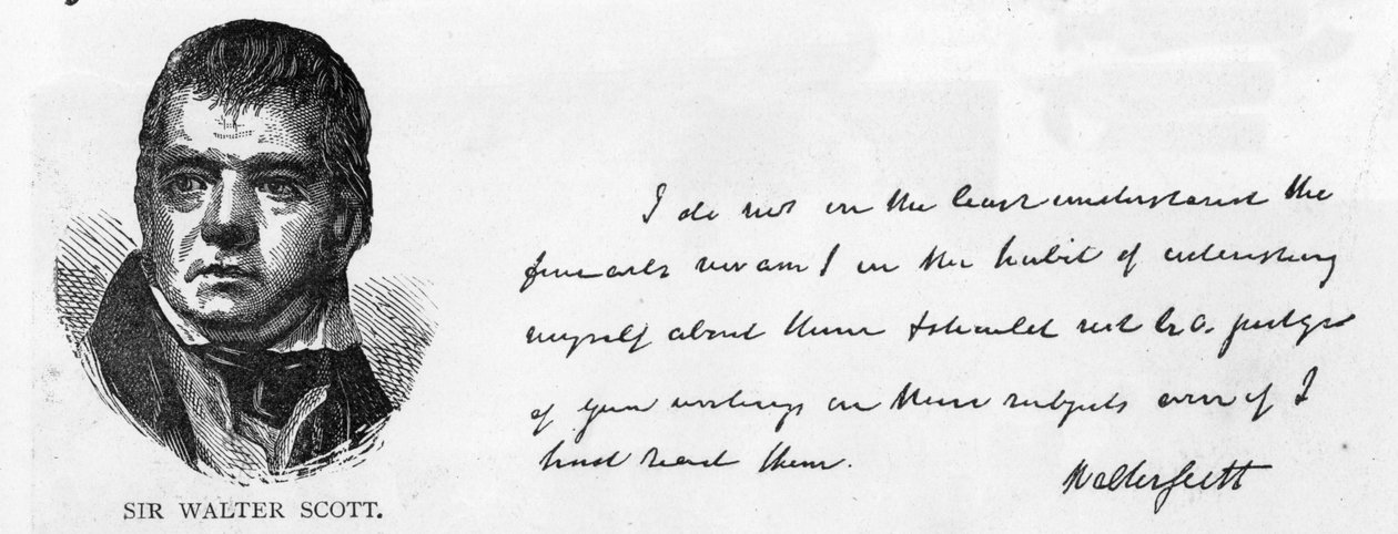 Håndskrift og signatur af Sir Walter Scott (pen og blæk på papir) af Unbekannt