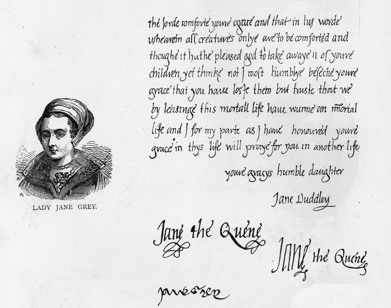 Håndskrift og underskrifter af Lady Jane Gray som dronning med et brev signeret Jane Dudley og skrevet til hendes far, hertugen af Suffolk, lige før hendes henrettelse af Unbekannt