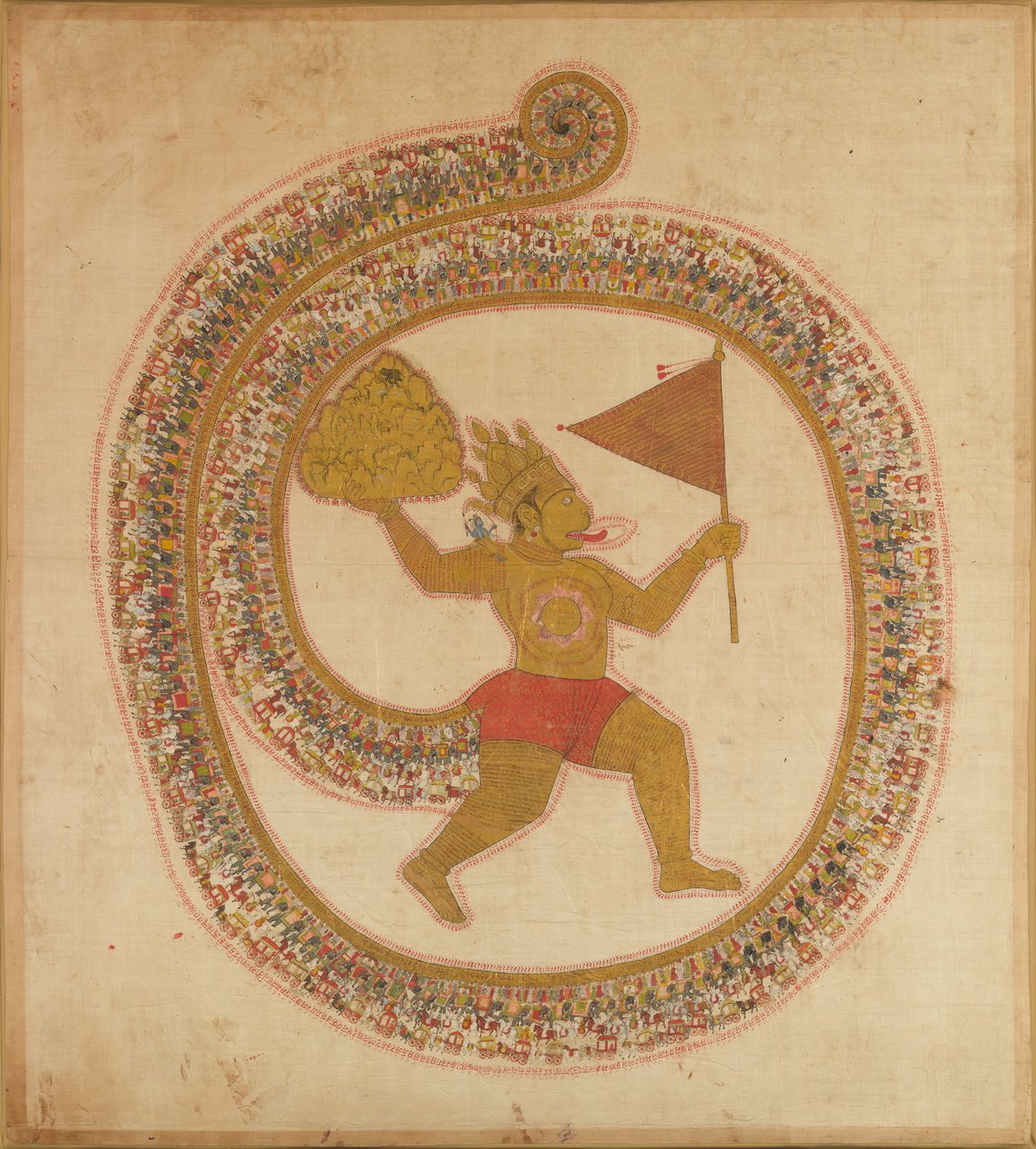 Hanuman bærer bjergtoppen med lægeurter, ca. 1800. af Unbekannt