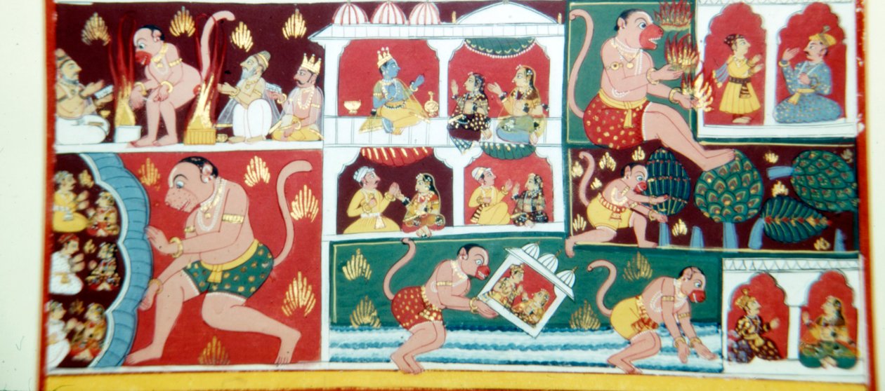 Hanuman, Abe-dæmonen, forårsager fortræd blandt mænd, c1730 af Unbekannt