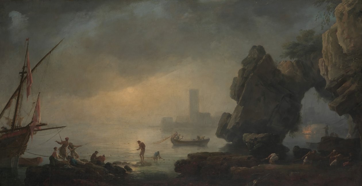 Havnescene med en grotte og fiskere, der trækker net ind. af Unbekannt