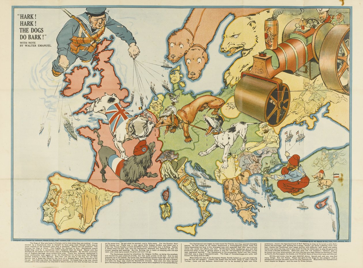 Hark! Hark! Hundene gøer! Europæisk satirisk kort, 1914 af Unbekannt
