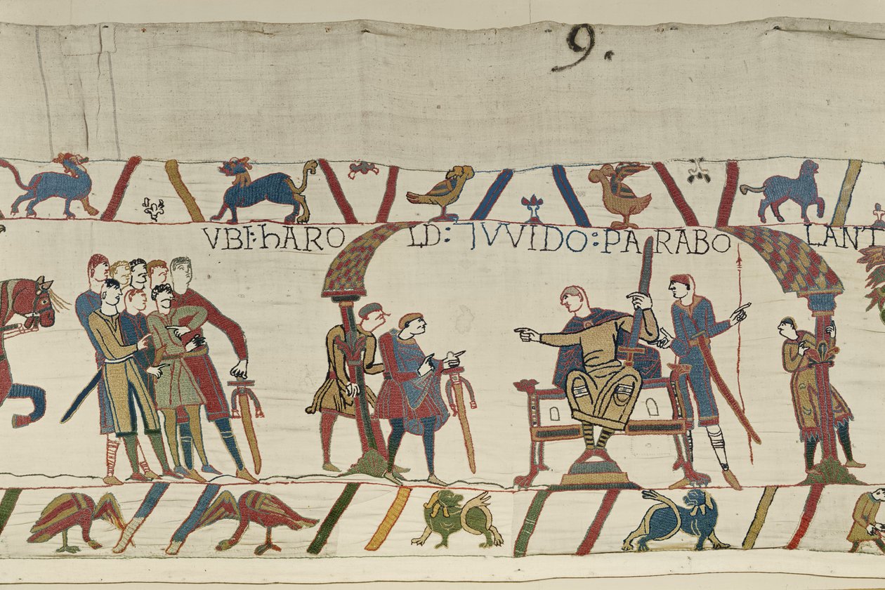 Harold og grev Guy af Ponthieu taler sammen i Beaurain, Bayeux Tapestry (uldbroderi på hør) af Unbekannt