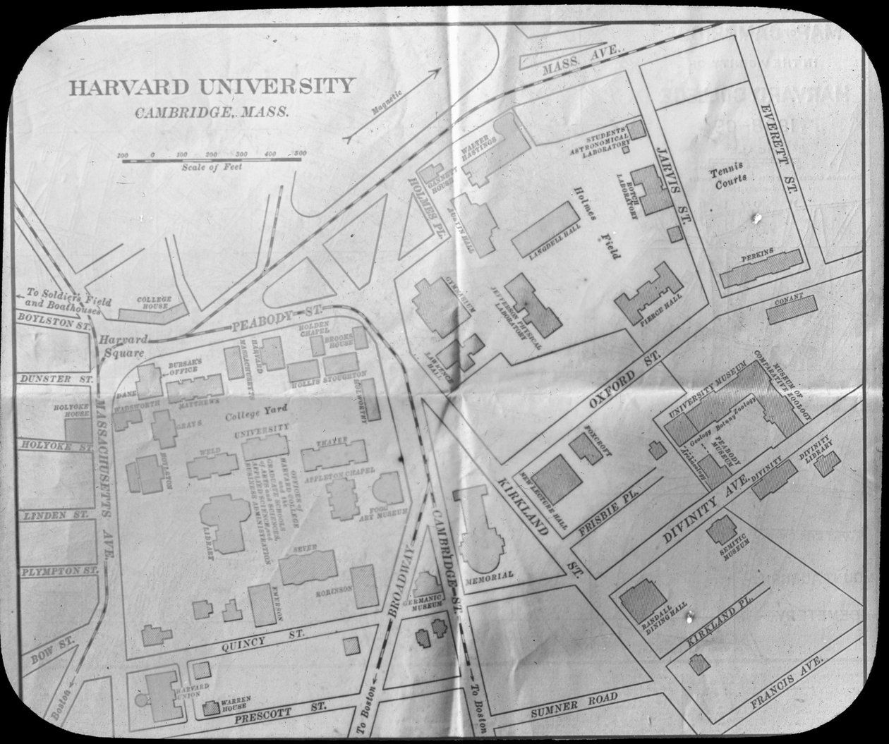 Harvard University campus kort, Cambridge, Massachusetts, USA, slutningen af det 19. eller begyndelsen af det 20. århundrede af Unbekannt