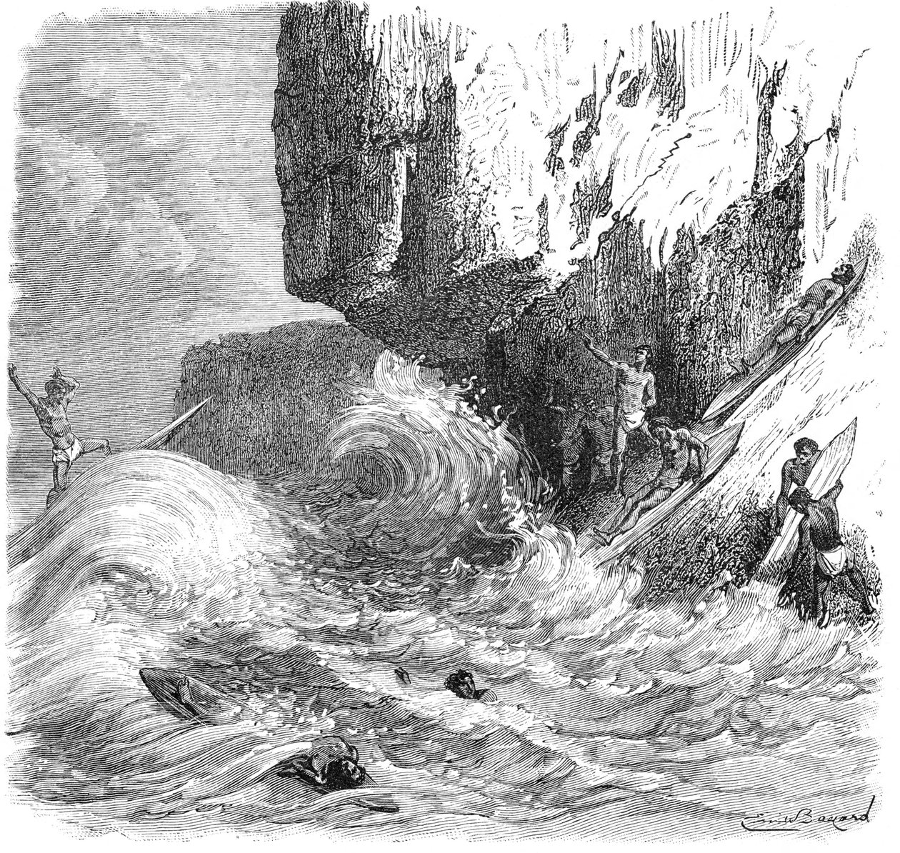 Hawaiianske mænd, der surfer ved hjælp af træplader, c1895 af Unbekannt