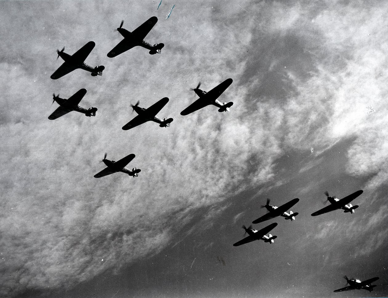 Hawker Hurricanes, der flyver i formation, Battle of Britain, Anden Verdenskrig, 1940 af Unbekannt
