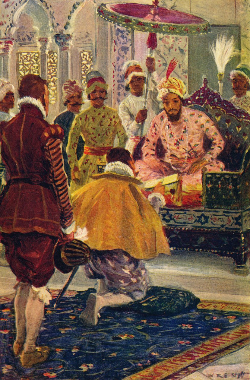 Hawkins præsenterer King Jamess brev til den store mogul, 1608 c1912 af Unbekannt