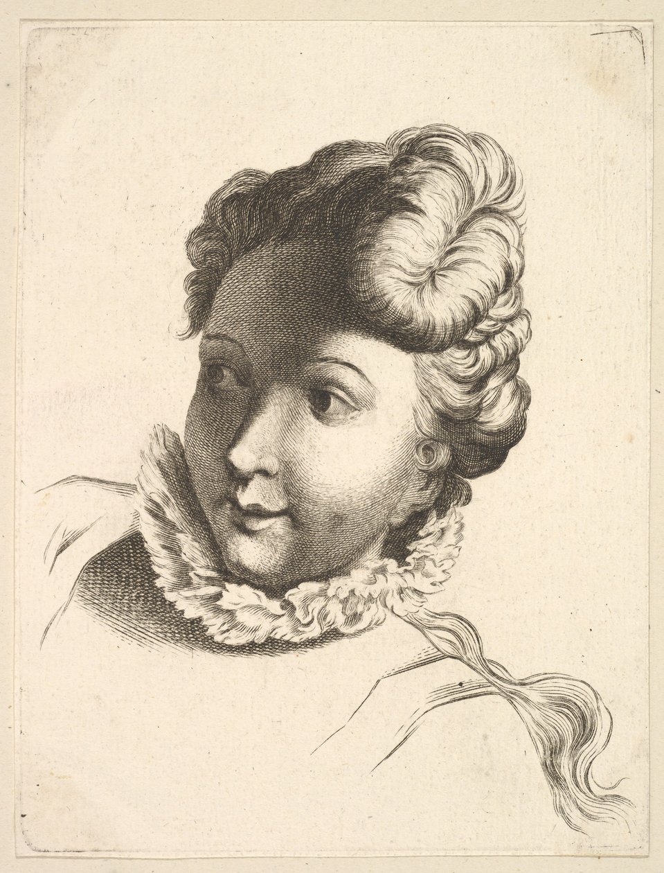 Hovedet af en kvinde iført ryg, fra Livre de Têtes Gravées dapres F. Boucher et ..., 1700-tallet. af Unbekannt