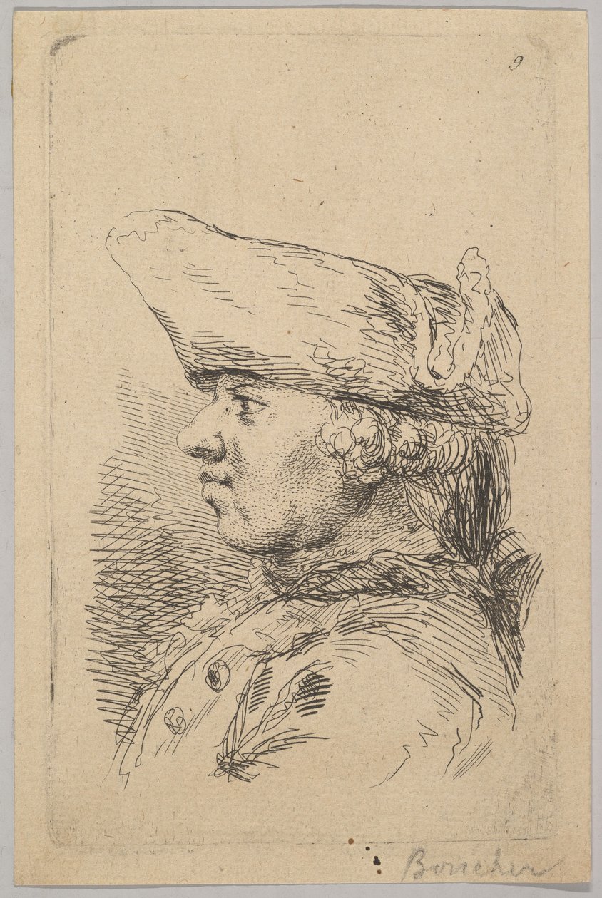 Hoved af en mand i profil iført en tricorne, 1700-tallet. af Unbekannt